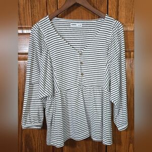 Sonoma V Neck Button Front Black White Peplum 3/4 Sleeve Knit Top Sz XL